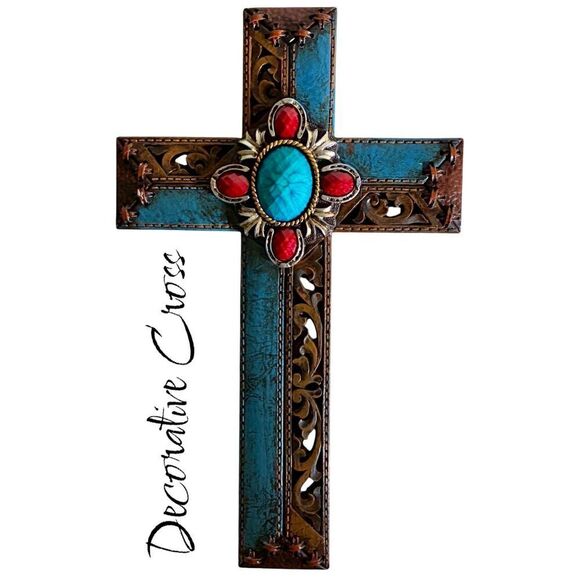 NWOT Montana West Rustic Western Turquoise and Red Gems Scrollwork Wall Cross - Picture 1 of 7